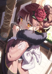 Rule 34 | 1girl, absurdres, aru (blue archive), bada (jksh5056), blue archive, blurry, blurry background, bow, brown hair, brown kimono, commentary request, day, depth of field, flower, frilled sleeves, frills, from above, from behind, fur collar, grin, hair flower, hair ornament, highres, horns, japanese clothes, kimono, long sleeves, looking at viewer, looking back, looking up, obi, orange eyes, outdoors, red flower, red rose, rose, sash, smile, solo, white bow, wide sleeves