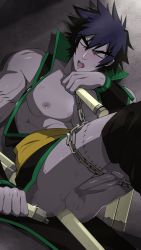 Rule 34 | 1boy, black eyes, black hair, blush, chain, chinese clothes, colored skin, erection, closed eyes, highres, lee bailong, male focus, mazjojo, nipples, nunchaku, object insertion, penis, purple skin, shaman king, solo, stitches, testicles, weapon