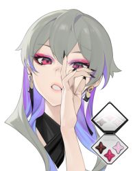 Rule 34 | 1girl, bad id, bad twitter id, black nails, compact (cosmetics), cropped shoulders, earrings, eyeshadow, fingernails, grey hair, hair between eyes, highres, jewelry, long fingernails, looking at viewer, makeup, multicolored hair, nail polish, ohisashiburi, original, portrait, purple hair, red eyes, simple background, solo, white background