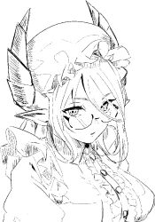 Rule 34 | 1girl, buttons, collared dress, dragon girl, dragon horns, dress, frills, glasses, greyscale, hat, hatching (texture), horns, linear hatching, looking at viewer, maid headdress, melusine (housamo), mob cap, monochrome, parted lips, pointy ears, revision, sidelocks, simple background, solo, tass commuovere, tokyo houkago summoners, upper body, white background
