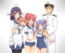 Rule 34 | 1boy, 1girl, 4girls, :3, :d, admiral (kancolle), aged down, ahoge, anchor symbol, apron, arm behind back, arm up, bad id, bad pixiv id, bare arms, bare legs, bare shoulders, barefoot, black pantyhose, blue hair, blue one-piece swimsuit, blue skirt, blunt bangs, blush, breasts, brown eyes, brown hair, buttons, character name, child, cleavage, closed mouth, collarbone, competition school swimsuit, covered navel, cowboy shot, flower-shaped pupils, gloves, gradient background, grey background, hair between eyes, hair flaps, hair ornament, hair over shoulder, hair ribbon, hand on another&#039;s head, hand on another&#039;s shoulder, hat, headgear, i-168 (kancolle), i-19 (kancolle), i-58 (kancolle), jewelry, kantai collection, long hair, long sleeves, low-tied long hair, low twintails, magatama, medium breasts, military, military hat, military uniform, multiple girls, name tag, naval uniform, neckerchief, necklace, one-piece swimsuit, open mouth, osananajimi neko, pants, pantyhose, peaked cap, pendant, pink eyes, pink hair, pink ribbon, pleated skirt, ponytail, purple hair, red eyes, red hair, ribbon, sailor collar, school swimsuit, school uniform, serafuku, shirt, short hair, short sleeves, simple background, skin tight, skirt, smile, spread fingers, standing, swimsuit, swimsuit under clothes, symbol-shaped pupils, taigei (kancolle), tri tails, twintails, uniform, white apron, white gloves, white hat, white pants, white shirt, x hair ornament
