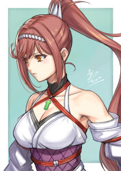 Rule 34 | 1girl, aqua background, bare shoulders, border, breasts, cleavage, closed mouth, collarbone, commentary request, core crystal (xenoblade), detached sleeves, eiwa, eyelashes, glimmer (xenoblade), high ponytail, highres, japanese clothes, kimono, large breasts, long hair, looking ahead, orange eyes, outside border, red hair, signature, simple background, solo, upper body, white border, white kimono, white sleeves, xenoblade chronicles (series), xenoblade chronicles 3, xenoblade chronicles 3: future redeemed