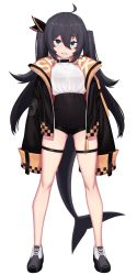 Rule 34 | 1girl, ahoge, black hair, black jacket, black ribbon, black shorts, blue eyes, breasts, commentary request, dev (dev0614), fins, fish tail, full body, grey footwear, hair between eyes, hair ribbon, high-waist shorts, highres, jacket, long hair, long sleeves, looking at viewer, open clothes, open jacket, original, parted lips, ribbon, shark tail, sharp teeth, shirt, shoes, short shorts, shorts, sidelocks, simple background, sleeves past fingers, sleeves past wrists, small breasts, solo, standing, tail, teeth, thick eyebrows, thigh strap, transparent background, twintails, very long hair, white background, white shirt