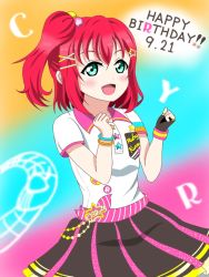 Rule 34 | 1girl, alternate hairstyle, aqua eyes, artist name, artist request, black gloves, black skirt, blush, bow, bracelet, braveheart coaster, braveheart coaster (love live!), breasts, clenched hands, clothes writing, collarbone, collared shirt, cyaron! (love live!), earrings, female focus, fingerless gloves, frilled skirt, frills, gloves, green eyes, hair between eyes, hair bobbles, hair ornament, hairclip, jewelry, kurosawa ruby, looking at viewer, love live!, love live! school idol festival, love live! sunshine!!, miniskirt, numuyu116, numuyu (numuyu116), parted lips, pink bow, plaid, plaid skirt, pleated, pleated skirt, ponytail, red hair, shirt, short hair, short sleeves, side ponytail, single fingerless glove, single glove, skirt, small breasts, smile, solo, star (symbol), star earrings, star hair ornament, white shirt, wing collar, x hair ornament