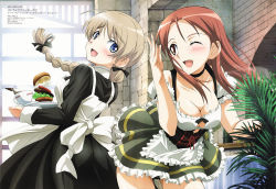 Rule 34 | 2girls, black panties, blue eyes, breasts, brown hair, burger, cleavage, dirndl, food, german clothes, long hair, lynette bishop, maid, mc axis, medium breasts, minna-dietlinde wilcke, mixed maids, multiple girls, one eye closed, panties, pantyshot, red eyes, red hair, strike witches, tamura masafumi, traditional clothes, underbust, underwear, upskirt, wink, world witches series