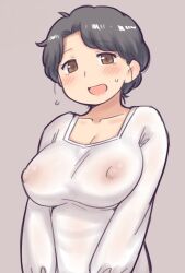 Rule 34 | 1girl, aaaa (quad-a), blush, breasts, collarbone, covered erect nipples, large breasts, mature female, non-web source, original, see-through, shirt, short hair, solo, wet, wet clothes, white shirt