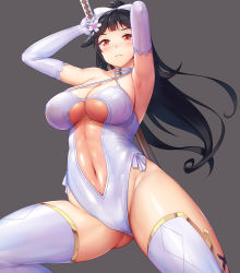 Rule 34 | 1girl, armpits, arms up, azur lane, bare shoulders, black hair, blunt bangs, blush, bow, breasts, casual one-piece swimsuit, cleavage, closed mouth, covered navel, criss-cross halter, elbow gloves, flower, from below, gloves, gluteal fold, grey background, hair bow, hair flaps, hair flower, hair ornament, halterneck, holding, holding sword, holding weapon, kongeraatio, large breasts, legs apart, lips, long hair, looking at viewer, one-piece swimsuit, ponytail, red eyes, see-through, shiny clothes, shiny skin, simple background, solo, standing, swimsuit, sword, takao (azur lane), takao (beach rhapsody) (azur lane), thighhighs, thighs, underboob, weapon, white bow, white gloves, white one-piece swimsuit, white thighhighs