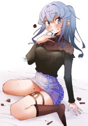 Rule 34 | 1girl, absurdres, artist name, bed sheet, black shirt, black socks, blue eyes, blue hair, blue nails, blue skirt, blush, breasts, candy, chocolate, chocolate heart, chocolate on body, closed mouth, female focus, finger in own mouth, floral print, food, food on body, food on face, gotland (kancolle), hand to own mouth, hand up, heart, heart-shaped pupils, high-waist skirt, highres, japanese text, kantai collection, kneehighs, koorimizu, legs, long hair, long sleeves, looking at viewer, medium breasts, miniskirt, mole, mole under eye, nail polish, panties, pantyshot, pencil skirt, pink panties, plaid, plaid skirt, polka dot, polka dot panties, ponytail, see-through, shirt, shirt tucked in, sidelocks, signature, simple background, sitting, skirt, socks, solo, symbol-shaped pupils, thigh strap, thighs, translation request, underwear, upskirt, wariza, white background