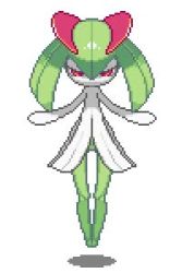Rule 34 | 1girl, animated, blinking, colored skin, creatures (company), female focus, flat chest, full body, game freak, gen 3 pokemon, green hair, green skin, hair between eyes, hands up, jumping, kirlia, looking at viewer, looping animation, lowres, medium hair, multicolored skin, nintendo, no mouth, oyama yoihaya, pixel art, pokemon, pokemon (creature), red eyes, sidelocks, solo, straight-on, thigh gap, two-tone skin, white skin