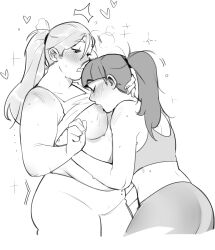Rule 34 | 2girls, blush, breast sucking, breasts, closed eyes, commentary, dachell art, english commentary, fat, hair ornament, hair scrunchie, heart, highres, large breasts, long hair, looking at another, monochrome, multiple girls, navel, original, pants, ponytail, scrunchie, simple background, sparkle, sports bra, sweat, tight clothes, tight pants, white background, yuri