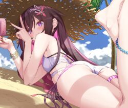 1girl anklet ass ass_focus azki_(hololive) beach bikini blue_sky blush bracelet brown_hair closed_mouth colored_inner_hair double-parted_bangs feet_up food from_behind good_ass_day hair_ornament hairclip holding holding_food holding_popsicle hololive jewelry looking_at_viewer lying mille multi-strapped_bikini_top multicolored_hair on_stomach palm_tree pink_hair popsicle purple_eyes shade sky smile solo summer swimsuit the_pose thigh_strap tree v virtual_youtuber white_bikini