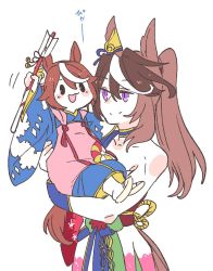 Rule 34 | 2girls, :3, animal ears, arrow (projectile), baby carry, bare shoulders, blush stickers, brown hair, carrying, child, choker, commentary request, horse ears, horse girl, horse tail, japanese clothes, kimono, long hair, multicolored hair, multiple girls, obi, official alternate costume, open mouth, ponytail, purple eyes, sash, simple background, smile, split mouth, streaked hair, symboli rudolf (umamusume), tail, takatsuki nato, tokai teio (umamusume), umamusume, upper body, white background, wide sleeves, aged down