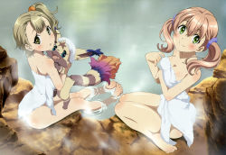 Rule 34 | 10s, 2girls, :o, absurdres, animal, atelier (series), atelier escha &amp; logy, barefoot, blue eyes, blush, breasts, brown hair, cleavage, escha malier, feet, female focus, full body, green eyes, highres, kneeling, legs, looking at viewer, lucille ernella, multiple girls, naked towel, non-web source, nyantype, official art, onsen, partially submerged, ponytail, rock, side ponytail, sitting, smile, soles, steam, toes, towel, twintails, wariza, water