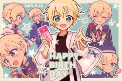 Rule 34 | 1boy, 5.5, :d, ^ ^, black shirt, blonde hair, blue background, blue eyes, blue jacket, blue pants, border, closed eyes, closed mouth, collared shirt, commentary request, cowboy shot, dated, facing viewer, flower, hand up, happy birthday, holding, holding flower, holding ticket, idol time pripara, jacket, long sleeves, looking at viewer, male focus, multiple views, neck ribbon, one eye closed, open mouth, outstretched arm, pants, pretty series, pripara, priticket, profile, reaching, reaching towards viewer, red flower, red ribbon, red rose, ribbon, rose, shirt, short hair, smile, standing, star (symbol), surprised, track jacket, upper body, white jacket, white shirt, yumekawa shogo