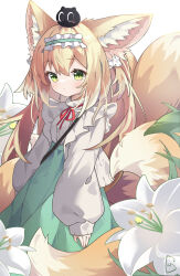 Rule 34 | 1girl, absurdres, animal ear fluff, animal ears, arknights, blonde hair, cardigan, chinese commentary, closed mouth, colored tips, commentary request, creature on head, crossover, fox ears, fox girl, fox tail, frilled hairband, frills, green eyes, green hairband, green skirt, hairband, heixiu, high-waist skirt, highres, kitsune, kyuubi, long sleeves, looking at viewer, luo xiaohei zhanji, multicolored hair, multiple tails, neck ribbon, official alternate costume, partial commentary, puffy long sleeves, puffy sleeves, red ribbon, ribbon, shirt, skirt, sleeves past wrists, suzuran (arknights), suzuran (spring praise) (arknights), tail, two-tone hair, vanishedstar, white cardigan, white hair, white shirt