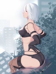 Rule 34 | 1girl, a2 (nier:automata), absurdres, arm behind back, ass, black bra, black gloves, black panties, black thighhighs, bra, closed eyes, elbow gloves, gloves, hand on back, highres, multi-strapped panties, nier:automata, nier (series), panties, profile, short hair, sitting, solo, thighhighs, underwear, white hair, yoomix