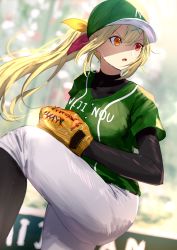 Rule 34 | 1girl, :o, absurdres, alternate hairstyle, baseball cap, baseball glove, baseball uniform, black socks, blonde hair, blurry, blurry background, bodysuit, breasts, brown eyes, clothes writing, commentary request, depth of field, green hat, green shirt, hair between eyes, hair ornament, hair ribbon, hairclip, hat, heterochromia, highres, hoshikawa sara, huge filesize, kneehighs, layered sleeves, leg up, long sleeves, looking away, looking to the side, medium breasts, misaki nonaka, nijisanji, pants, parted lips, ponytail, red eyes, red ribbon, ribbon, shirt, short over long sleeves, short sleeves, socks, solo, sportswear, standing, standing on one leg, v-shaped eyebrows, virtual youtuber, white pants, x hair ornament, yellow eyes, yellow ribbon