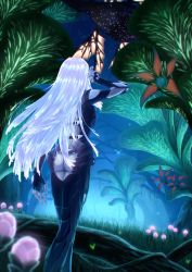 Rule 34 | 1girl, adjusting hair, ass, ass cutout, backless outfit, blue eyes, blue hair, butt crack, clothing cutout, dutch angle, elma (true form) (xenoblade x), elma (xenoblade x), grass, highres, light blue hair, long hair, night, noctilum, plant, scenery, solo, very long hair, xenoblade chronicles (series), xenoblade chronicles x, z90i20l54lu02st