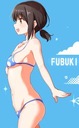 Rule 34 | 10s, 1girl, :d, absurdres, bare arms, bare shoulders, bikini, blue background, blue bikini, breasts, brown eyes, brown hair, character name, fubuki (kancolle), highres, kantai collection, maeshimashi, open mouth, polka dot, polka dot bikini, short hair, short ponytail, small breasts, smile, solo, swimsuit, teeth