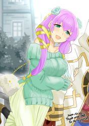 Rule 34 | 1boy, 1girl, 2020, absurdres, alternate costume, arm hug, bag, bare shoulders, blue flower, blue rose, blush, braid, breasts, brown gloves, casual, collarbone, commentary request, dated, earrings, english text, fire emblem, fire emblem heroes, flower, gloves, green eyes, green nails, green sweater, gunnthra (fire emblem), hair between eyes, hair flower, hair ornament, handbag, highres, hood, hood up, hooded robe, hug, jewelry, kiran (fire emblem), kiran (male) (fire emblem), large breasts, long hair, long skirt, long sleeves, nail, nail polish, nintendo, off-shoulder sweater, off shoulder, open mouth, outdoors, pink hair, robe, rose, skirt, smile, sweater, white robe, yellow skirt, yukia (firstaid0)