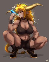 Rule 34 | 1girl, abs, absurdres, bike shorts, biting, black bra, black choker, black skirt, blonde hair, bra, breasts, cameltoe, choker, cleavage, collarbone, crystal, dark skin, dark-skinned female, electricity, covered erect nipples, scar on face, full body, grey background, highres, horns, jmg, large breasts, looking at viewer, monster girl, monster hunter (series), monster hunter: world, muscular, muscular female, personification, pointy ears, powering up, rajang, red eyes, scar, scar on cheek, scar on face, sharp teeth, shoes, skirt, sneakers, solo, sports bra, squatting, tail, teeth, thick thighs, thighs, underwear