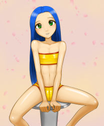 Rule 34 | 1boy, androgynous, blue hair, boyslut, child, eyebrows, eyelashes, looking at viewer, male focus, navel, original, shiny clothes, shiny skin, sitting, solo, tagme, trap