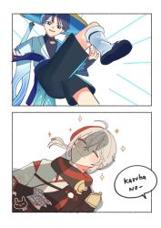Rule 34 | 2boys, ahoge, arm armor, arms up, bandaged hand, bandages, belt, black footwear, black shirt, black shorts, blue eyes, blue gemstone, blue hair, blue headwear, blue vest, blush, brown scarf, closed eyes, closed mouth, comic, commentary, english commentary, english text, flower, gem, genshin impact, gold, grey hair, grey socks, hands up, hat, jewelry, jingasa, kaedehara kazuha, leg up, looking at another, looking down, lying, mandarin collar, multicolored clothes, multicolored hair, multiple boys, necklace, official alternate costume, on back, open clothes, open vest, orange flower, own hands together, purple belt, red hair, sandals, scaramouche (genshin impact), scarf, shirt, short hair, short ponytail, short sleeves, shorts, simple background, smile, socks, speech bubble, standing, standing on one leg, star (symbol), teeth, two-tone hair, two-tone shirt, two-tone vest, v-shaped eyebrows, vest, vision (genshin impact), wanderer (genshin impact), white background, white flower, white shirt, white vest, zzaruxa