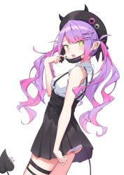 Rule 34 | 1girl, absurdres, barbell piercing, beret, black hat, black skirt, blouse, blush, braid, breasts, commentary request, demon tail, ear piercing, fake horns, french braid, green eyes, hair ornament, hat, high-waist skirt, highres, hololive, horned headwear, horns, industrial piercing, long hair, looking at viewer, mask, mask pull, mouth mask, multicolored hair, open mouth, panties, pantyshot, piercing, pink hair, pleated skirt, pointy ears, purple hair, purple panties, quarterlift, shirt, sidelocks, skirt, solo, tail, tail ornament, tail piercing, thigh strap, tokoyami towa, tokoyami towa (jirai kei), twintails, two-tone hair, underwear, virtual youtuber, wavy hair, white background, white shirt, x hair ornament