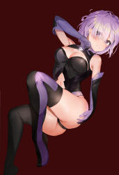 Rule 34 | 1girl, absurdres, armpits, ass, bare shoulders, black gloves, black thighhighs, blush, breasts, cleavage, commentary request, elbow gloves, fate/grand order, fate (series), frown, gloves, hand on own ass, highres, kian, looking at viewer, mash kyrielight, md5 mismatch, medium breasts, navel, purple eyes, purple hair, purple thighhighs, red background, resolution mismatch, short hair, simple background, solo, source smaller, thighhighs, thighs, two-tone gloves, two-tone legwear
