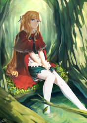 Rule 34 | 1girl, absurdres, apron, blonde hair, blue eyes, cape, flower, forest, highres, little red riding hood, little red riding hood (grimm), llc, long hair, looking at viewer, mole, mole under eye, nature, parted lips, red cape, rose, side ponytail, sitting, soaking feet, solo, thighhighs, tree, water, white thighhighs