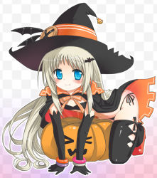 Rule 34 | 1girl, blonde hair, bra, buttons, cape, fang, flat chest, gloves, halloween, hat, high heels, hinata nonoka, jack-o&#039;-lantern, large buttons, lingerie, little busters!, long hair, noumi kudryavka, panties, pumpkin, ribbon, shoes, silver hair, solo, thighhighs, underwear, witch hat