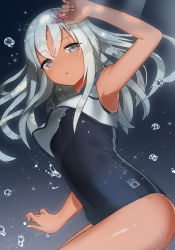 Rule 34 | 10s, 1girl, armpits, blue background, blush, breasts, bubble, ccaw, covered navel, cowboy shot, crop top, expressionless, from side, grey eyes, hair between eyes, hair ornament, highres, kantai collection, long hair, looking at viewer, one-piece swimsuit, open mouth, revision, ro-500 (kancolle), school swimsuit, school uniform, serafuku, silver hair, small breasts, solo, submerged, swimsuit, tan, tanline, tareme, thighs, underwater
