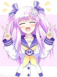 Rule 34 | 1girl, alternate hairstyle, blush, breasts, closed eyes, double v, hair ribbon, happy, highres, large breasts, long hair, nepgear, neptune (series), purple hair, ribbon, sailor collar, solo, swirl gear, twintails, v