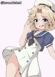 Rule 34 | 1girl, black neckerchief, blonde hair, blue eyes, blue jacket, blue sailor collar, dress, gloves, hat, highres, jacket, janus (kancolle), kantai collection, kurano kisuke, looking at viewer, neckerchief, one-hour drawing challenge, open mouth, panties, parted bangs, puffy short sleeves, puffy sleeves, sailor collar, sailor dress, sailor hat, short hair, short sleeves, simple background, smile, solo, twitter username, underwear, white background, white dress, white gloves, white hat, white panties