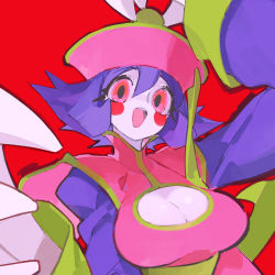 Rule 34 | 1girl, :o, absurdres, blue skin, breasts, china dress, chinese clothes, cleavage, cleavage cutout, cleavage reach, clothing cutout, colored skin, commentary request, dress, flipped hair, hair between eyes, hat, highres, jiangshi, large breasts, lei lei, liba (leo8d), looking at viewer, ofuda, open mouth, pink hat, purple hair, qingdai guanmao, red background, red eyes, short hair, simple background, solo, turtleneck, upper body, vampire (game)