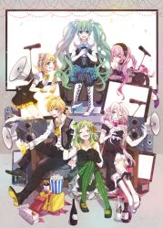 Rule 34 | 1boy, 5girls, aqua eyes, aqua hair, bare shoulders, blonde hair, blue eyes, boots, bottle, bow, bowtie, dress, elbow gloves, flower, food, glass, gloves, green eyes, green hair, green legwear, gumi, hair bow, hair flower, hair ornament, hair ribbon, hairband, hairclip, hatsune miku, highres, ia (vocaloid), kagamine len, kagamine rin, long hair, looking at viewer, megurine luka, meiko (vocaloid), microphone, microphone stand, multiple girls, one eye closed, open mouth, pantyhose, pink hair, popcorn, ribbon, short hair, skirt, smile, speaker, striped clothes, striped legwear, striped pantyhose, twintails, vertical-striped clothes, vertical-striped legwear, vertical-striped pantyhose, very long hair, vocaloid, wink, yamako (state of children)