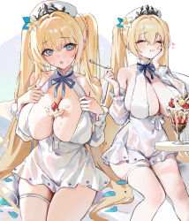 1girl absurdres azur_lane bare_shoulders blonde_hair blue_eyes blue_ribbon blush breasts closed_eyes closed_mouth commentary covered_navel cream_on_breasts cup detached_sleeves dress drinking_glass eating food fruit fungi542 hair_between_eyes hair_intakes hand_on_own_cheek hand_on_own_face hat highres holding holding_spoon large_breasts long_hair looking_at_viewer multiple_views neck_ribbon official_alternate_costume open_mouth painleve_(azur_lane) painleve_(fresh_and_fortunate)_(azur_lane) ribbon sitting skindentation sleeveless sleeveless_dress spoon strawberry strawberry_parfait sweat thick_thighs thigh_strap thighs twintails very_long_hair white_dress white_hat white_sleeves