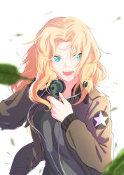 Rule 34 | 1girl, absurdres, blonde hair, blue eyes, blurry, cowboy shot, depth of field, girls und panzer, headset, highres, jacket, jacket on shoulders, kay (girls und panzer), leaf, long hair, open mouth, oze (xyz go go11), saunders military uniform, solo, upper body, v-shaped eyebrows, white background, wind, wind lift