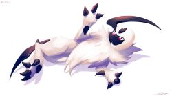 Rule 34 | absol, bright pupils, claws, creatures (company), dated, full body, game freak, gen 3 pokemon, highres, likey, lying, nintendo, no humans, pokemon, pokemon (creature), red eyes, solo, white background, white fur, white pupils