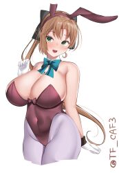 Rule 34 | 1girl, adapted costume, akigumo (kancolle), alternate breast size, animal ears, aqua bow, aqua bowtie, bare shoulders, blue eyes, blush, bow, bowtie, breasts, brown hair, cleavage, covered navel, cowboy shot, detached collar, fake animal ears, gloves, green eyes, grey pantyhose, hair ribbon, kantai collection, large breasts, leotard, long hair, looking at viewer, mole, mole under eye, open mouth, pantyhose, pink leotard, playboy bunny, ponytail, rabbit ears, ribbon, simple background, smile, solo, strapless, strapless leotard, tf cafe, traditional bowtie, twitter username, white background, white gloves, wrist cuffs