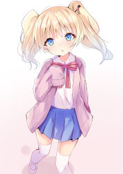 Rule 34 | 1girl, alice cartelet, blonde hair, blue eyes, blue skirt, blush, bow, collared shirt, commentary request, gradient background, highres, hizaka, jacket, kin-iro mosaic, loafers, looking at viewer, open clothes, open jacket, parted lips, pink background, pink jacket, pleated skirt, red bow, shirt, shoes, skirt, solo, standing, striped, striped bow, thighhighs, twintails, white background, white footwear, white shirt, white thighhighs