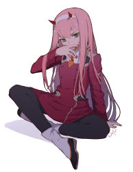 Rule 34 | 10s, 1girl, arm support, black pantyhose, blood, blood on face, boots, darling in the franxx, dated, dress, full body, green eyes, hairband, hand up, highres, horns, indian style, knee boots, long hair, long sleeves, looking at viewer, military, military uniform, nail polish, pantyhose, pink hair, red dress, red nails, signature, simple background, sitting, solo, sylvia (huajiuhuajiu), tsurime, uniform, v-shaped eyebrows, very long hair, white background, white footwear, white hairband, zero two (darling in the franxx)