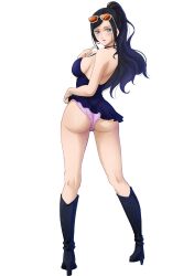 Rule 34 | 1girl, ass, ass focus, bare legs, bare shoulders, black dress, black hair, blue eyes, breasts, dress, full body, glasses, high ponytail, highres, legs, legs apart, long hair, long legs, mature female, medium breasts, nico robin, nico robin (dressrosa), one piece, panties, pink panties, ponytail, presenting, sexually suggestive, underwear, white background, wide hips