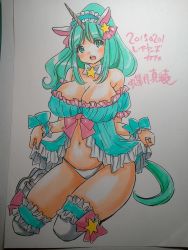 Rule 34 | 1girl, animal ears, aqua eyes, aqua hair, arm support, artist request, asian, bare shoulders, bow, breasts, chouzuki maryou, cleavage, clothes lift, collar, cosplay, dress, dress lift, earrings, frilled dress, frilled sleeves, frilled thighhighs, frills, headband, highres, horns, jewelry, kneeling, large breasts, looking at viewer, navel, open mouth, panties, personification, plump, puffy short sleeves, puffy sleeves, short dress, short sleeves, single horn, sitting, solo, star (symbol), strapless, strapless dress, tail, thick thighs, thighhighs, thighs, underwear, unicorn, white panties, wrist cuffs, zettai ryouiki