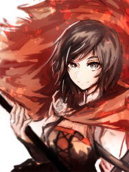 Rule 34 | 1girl, black hair, bodice, breasts, cape, emblem, eyes visible through hair, gradient hair, grey eyes, hand up, highres, holding, long sleeves, looking at viewer, mpka yt, multicolored hair, red cape, red hair, ruby rose, rwby, short hair, simple background, smile, solo, two-tone hair, white background