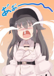 Rule 34 | 1girl, = =, aoi minato (aoi3710blueport), azur lane, belt, black belt, black hair, black ribbon, blush, breast pocket, breasts, buttons, cleavage, closed eyes, coat, coat dress, collared dress, commentary request, crying, detached collar, double-breasted, dress, fur-trimmed coat, fur trim, furrowed brow, gradient background, hair between eyes, hair ribbon, hat, highres, large breasts, long hair, long sleeves, nose blush, off-shoulder jacket, off shoulder, open mouth, orange background, padded coat, pamiat merkuria (azur lane), pocket, ribbon, side ponytail, sidelocks, snot, solo, streaming tears, tears, translation request, underbust, upper body, white coat, white hat