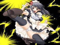 Rule 34 | 00s, 1girl, action, black hair, boots, cuffs, demon, game cg, kicking, maid, open mouth, panties, pantyshot, pointy ears, really? really!, red eyes, sage (tick! tack!), shuffle!, solo, suzuhira hiro, thighhighs, underwear, upskirt, wrist cuffs