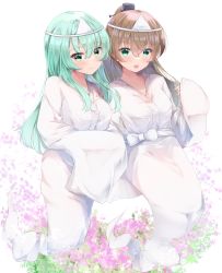 Rule 34 | 2girls, alternate costume, aqua eyes, blush, brown hair, closed mouth, commission, fuuna, ghost tail, green eyes, green hair, hair between eyes, highres, japanese clothes, kantai collection, kimono, kumano (kancolle), long hair, long sleeves, multiple girls, open mouth, ponytail, skeb commission, smile, suzuya (kancolle), triangular headpiece, white kimono, wide sleeves