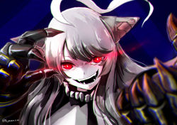 Rule 34 | 1girl, abyssal ship, dated, eye trail, gauntlets, glowing, glowing eyes, hi ye, horns, kantai collection, light trail, long hair, looking at viewer, motion blur, new battleship princess, open mouth, pale skin, portrait, reaching, reaching towards viewer, red eyes, solo, twitter username, white hair