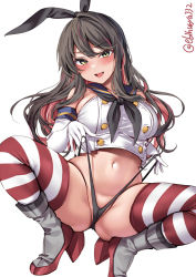 Rule 34 | 1girl, ass, black hair, black neckerchief, black panties, blue sailor collar, blush, breasts, cosplay, crop top, ebifurya, elbow gloves, fang, frontal wedgie, gloves, hair between eyes, highleg, highleg panties, highres, kantai collection, large breasts, long hair, multicolored hair, naganami (kancolle), navel, neckerchief, no pants, open mouth, panties, pink hair, rudder footwear, sailor collar, school uniform, serafuku, shimakaze (kancolle), shimakaze (kancolle) (cosplay), simple background, sleeveless, smile, solo, striped clothes, striped thighhighs, thighhighs, twitter username, underwear, wedgie, white background, white gloves, yellow eyes